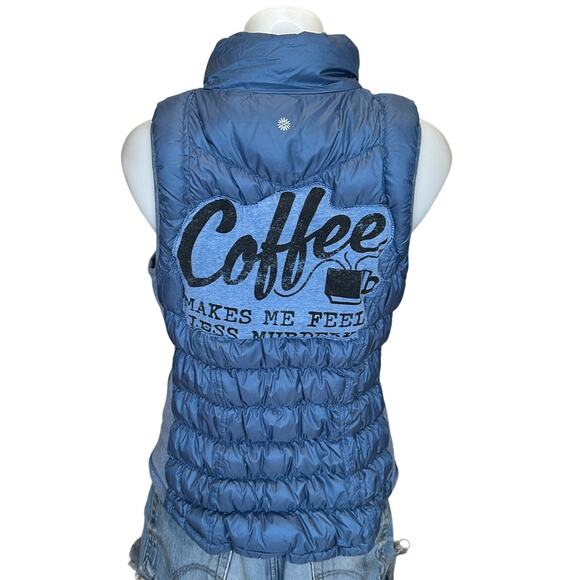 Coffee Makes Me Feel Less Murdery Puffer Vest Dusty Blue LARGE Pockets Unique - Picture 1 of 6